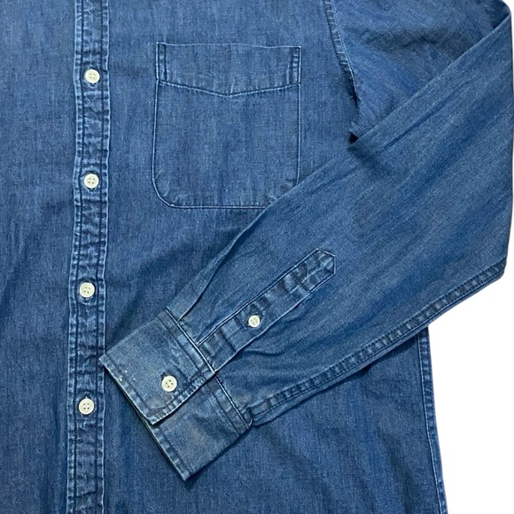 Forever 21 Men’s Dark Blue Denim Button Up Long‎ Sleeve 100% Cotton Shirt Sz L - Picture 2 of 4